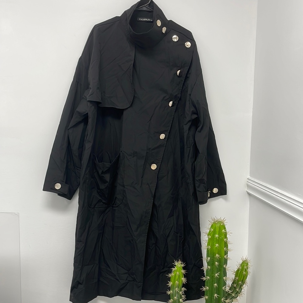 Long black trench coat with gold buttons, size 2XL, brand INCERUN, NEW with tags
